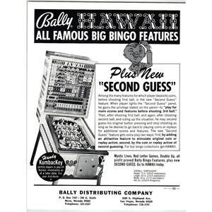 Bally Hawaii Pinball Machine Vintage Arcade Game Bingo Flyer Advertising Sheet